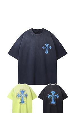 クロムハーツコピー  ウォッシュスプレー馬クラフトホットドリルロゴ半袖Tシャツ