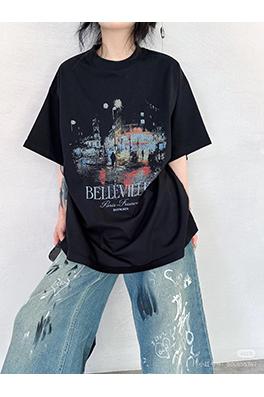 バレンシアガ ファッショナブルな都市夜景Tシャツ