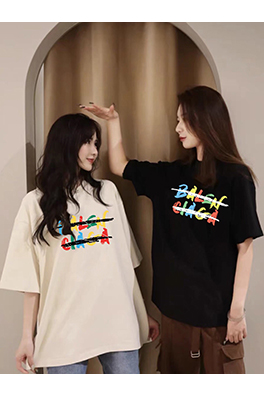 バレンシアガレインボーロゴ カップル向け 半袖Tシャツ