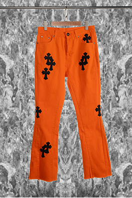 クロムハーツVirgil コラボ限定 オレンジ×ブラック レザー 牛革 ミニフレア デニムパンツ