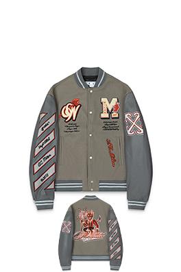 オフホワイト off white コラボレーション ヘビー刺繍 ラインストーン ベースボールジャケット