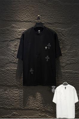クロムハーツ ヘビーデューティーなダメージパッチ刺繍入りレザーラベル金具き半袖Tシャツ