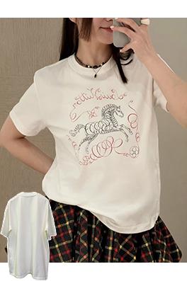 ルイヴィトンコピー 馬年プリントクルーネック半袖Tシャツ