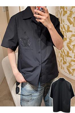ルイヴィトンコピー LV スパンコール刺繍入りポケット付き半袖シャツ