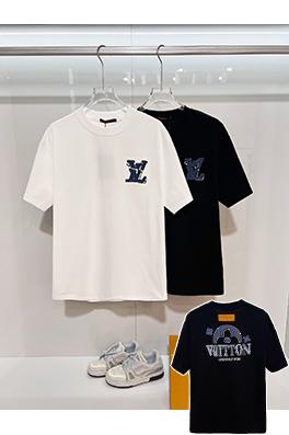 ルイヴィトンスーパーコピー LV フロントとバックにパッチワーククなローバーの刺繍ロゴがあしらわれたスタイリッシュなデニム半袖Tシャツ