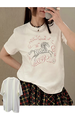 ルイヴィトンコピー 馬年プリントクルーネック半袖Tシャツ