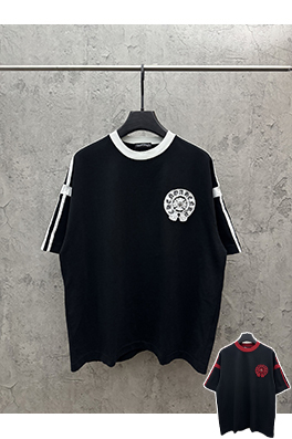 クロムハーツコピー アメリカンスタイルのツートンカラーのアップリケ刺繍りカップル半袖Tシャツ