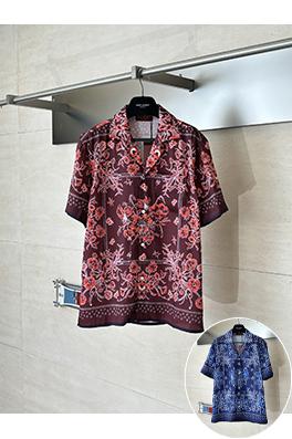 グッチコピー ブルーのペイズリー柄キューバンカラーカシュー花柄プリント半袖シャツ