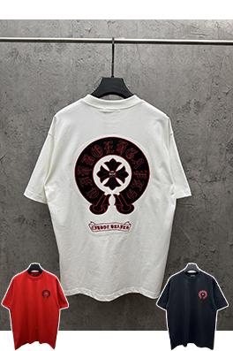 クロムハーツコピー アメリカンスタイルの刺繍入りレザーカップル半袖Tシャツ