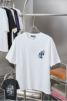 クロムハーツスーパーコピー デジタルプリントによるデニムクロスラインストーン半袖Tシャツ