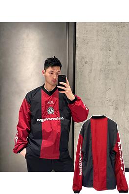 バレンシアガスーパーコピー BALENCIAGA 赤とグレーのカラーブロックVネック長袖シャツ