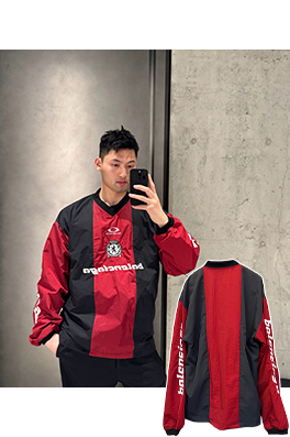 バレンシアガスーパーコピー BALENCIAGA 赤とグレーのカラーブロックVネック長袖シャツ