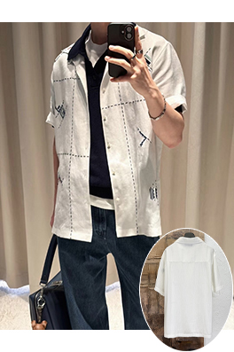 フェンディコピー リネン刺繍入り半袖シャツ