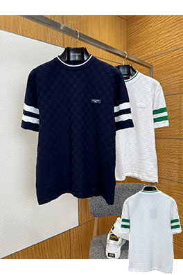 ルイヴィトンコピー LOUIS VUITTON チェック柄ニットのクルーネック半袖Tシャツ