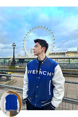 ジバンシィコピー GIVENCHY 文字刺繍入りカラーブロックベースボールカラーレザージャケット
