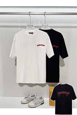 クロムハーツスーパーコピー ホースシューフラワー サンスクリット十字 パッチワーク レザー 刺繍文字ロゴ 半袖Tシャツ