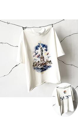セントマイケルスーパーコピー クラシックコラボレーション油絵自由の女神限定半袖Tシャツ