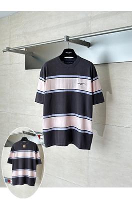 ルイヴィトン偽物 カラーブロックのストライプ柄に文字ロゴ刺繍ニット半袖Tシャツ