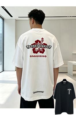 クロムハーツ 赤いハイビスカスの刺繍入り半袖Tシャツ