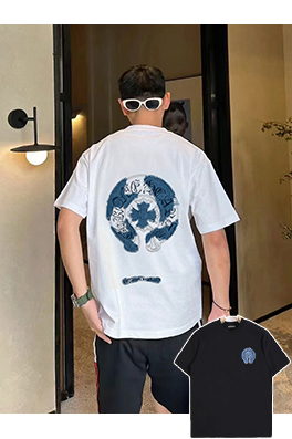 クロムハーツ デニムパッチウォッシュのクロスと蹄鉄の花柄半袖Tシャツ