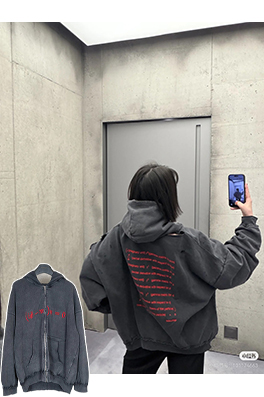 バレンシアガフォーミュラ刺繍入りウォッシュダメージジッパー付きフード付きスウェットシャツ