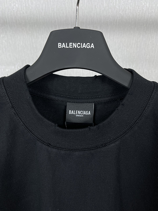 バレンシアガバック襟リブ刺繍文字レトロな服の磨かれた古い半袖Tシャツ