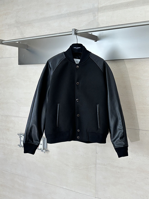 ジバンシイ Givenchy 無地のダークウールとレザーのスナップボタンベースボールジャケット