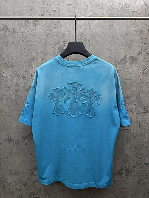 クロムハーツ アメリカンスタイルのウォッシュアップリケ刺繍ラインストーンカップル半袖Tシャツ