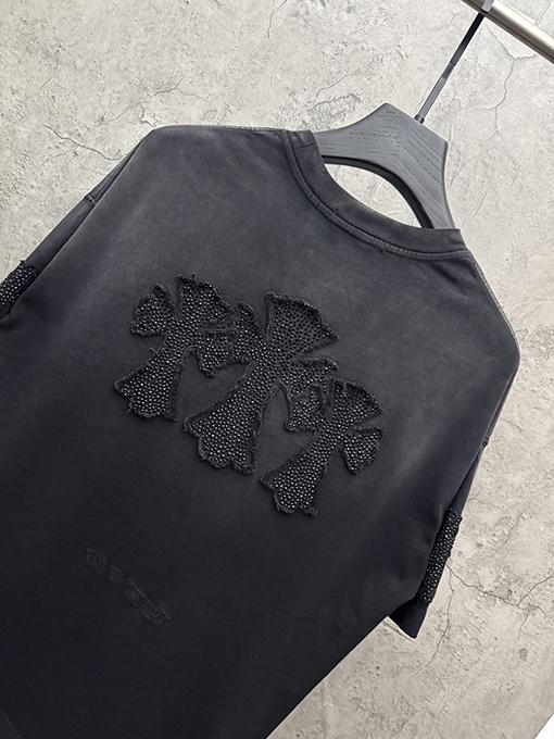 クロムハーツ アメリカンスタイルのウォッシュアップリケ刺繍ラインストーンカップル半袖Tシャツ