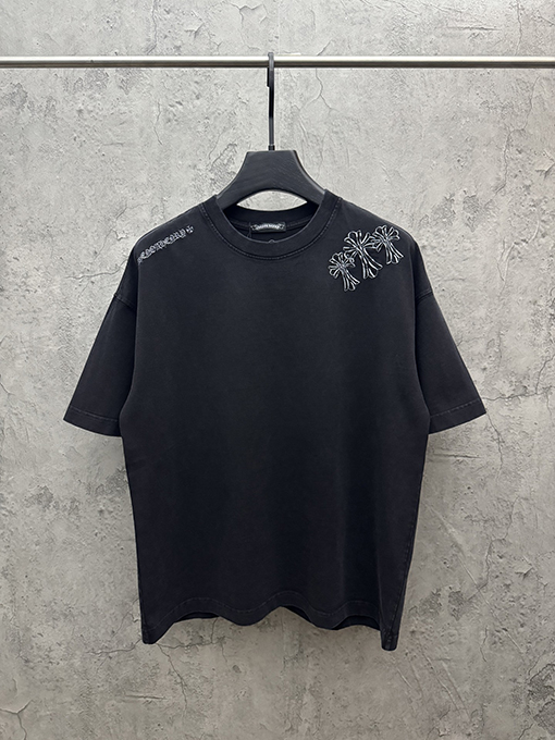 クロムハーツスーパーコピー アメリカンスタイルのウォッシュアップリケ刺繍半袖Tシャツ