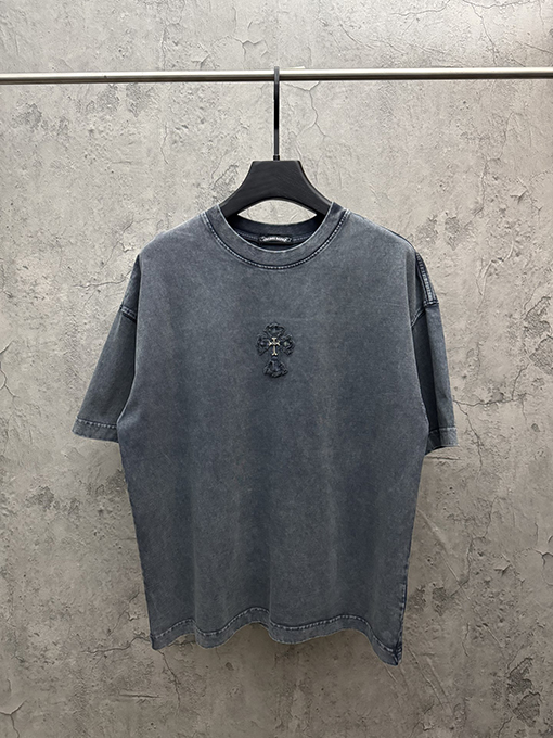 クロムハーツ アメリカンスタイルのウォッシュドデニムパッチ刺繍カップル半袖Tシャツ