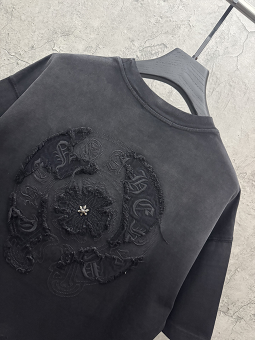 クロムハーツ 新モデルアメリカンスタイルのウォッシュドデニムパッチ刺繍カップル半袖Tシャツ