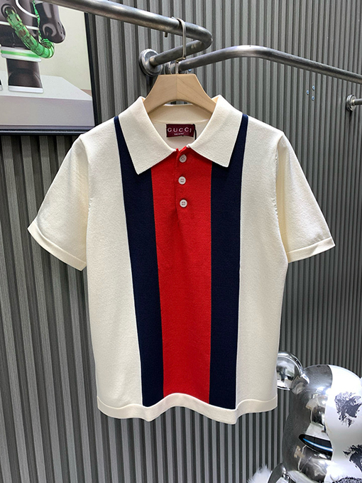 グッチ シルケットコットンニットの襟付き半袖ポロシャツ