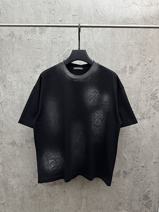 クロムハーツ 新作アメリカンスタイルのウォッシュアップリケラインストーン半袖Tシャツ