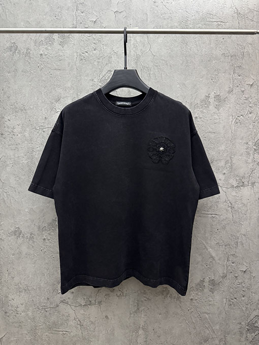 クロムハーツ クラシックなアメリカンスタイルのウォッシュアップリケ刺繍半袖Tシャツ