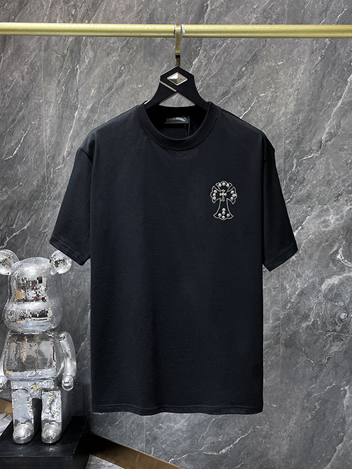 クロムハーツ ホットフィックスラインストーンクロスハンドメイドスタッド半袖Tシャツ