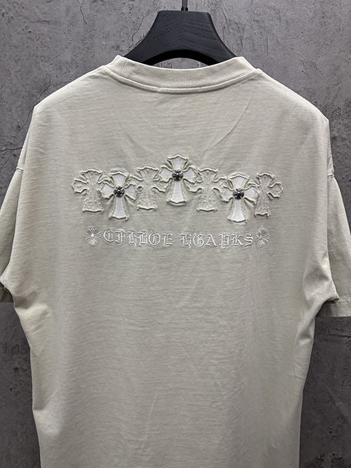 クロムハーツコピー アメリカンスタイルのレーザーバーンアウトアップリケ刺繍半袖Tシャツ