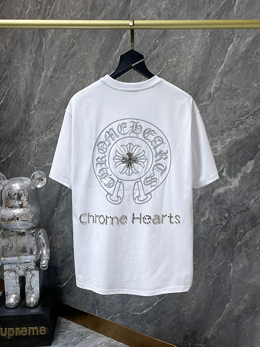 クロムハーツ 馬蹄形のサンスクリット文字ホットフィックスラインストーン手縫いの半袖Tシャツ
