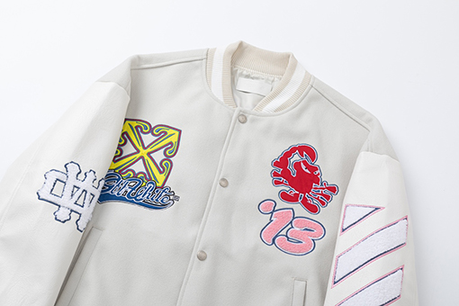 オフホワイト off white 刺繍パッチワークベースボールジャケットウール生地カップルコート