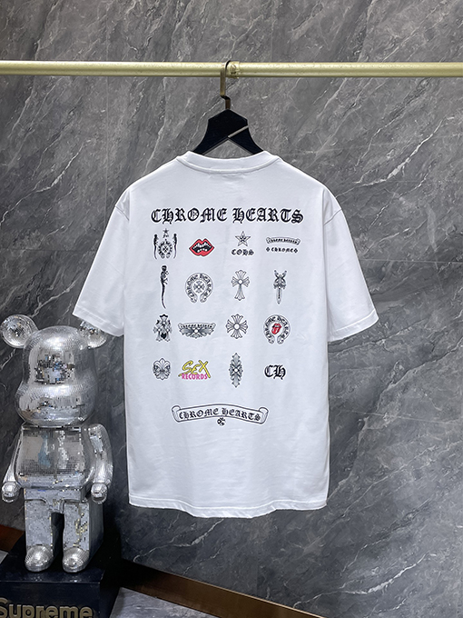 クロムハーツスーパーコピー カラーブロックのグラフィティ風ダメージ刺繍半袖Tシャツ