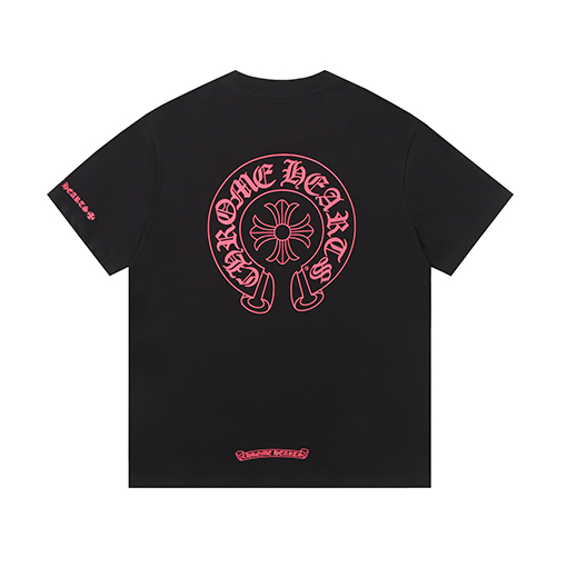 クロムハーツ 白ピンク黒ピンクの馬蹄の十字架サンスクリットのプリント半袖Tシャツ