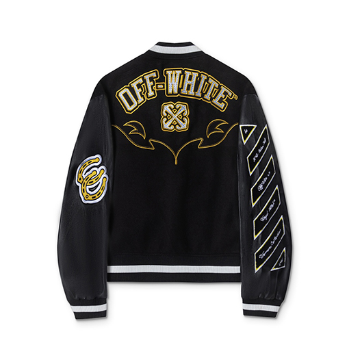 オフホワイト off white カップルけ刺繍ラインストーンパッチワークレザーベースボールジャケット