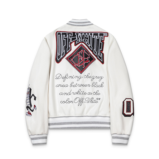 オフホワイト off white 刺繍りレザーパッチワーク高温ホットスタンプクリスタルラインストーンベースボールジャケットカップル向けウールコート