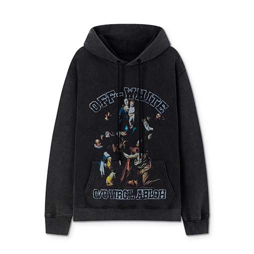 オフホワイト off white クラシックな肖像油絵風460gウォッシュフード付きスウェットシャツ