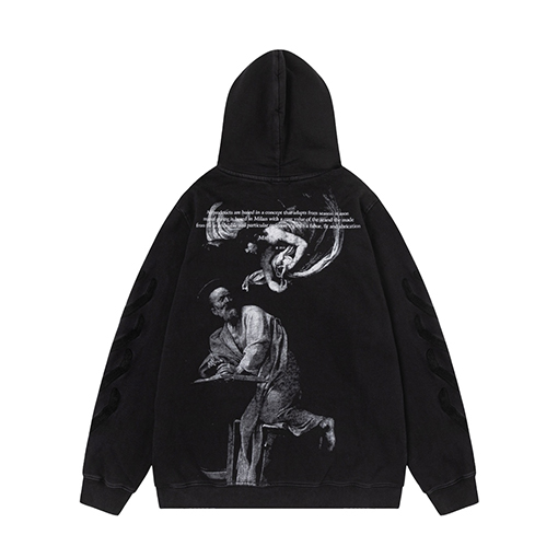 オフホワイト off white 新しい白黒肖像油絵風460gウォッシュドフード付きスウェットシャツ
