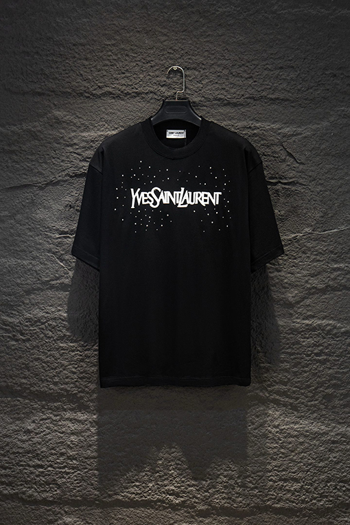 サンローラン Saint Laurent ダメージ刺繍ラインストーン半袖Tシャツ