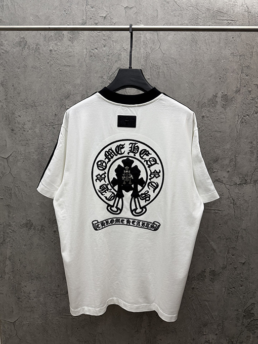 クロムハーツスーパーコピー クラシックなレザーのクロスステッチストライプショルダー半袖Tシャツ