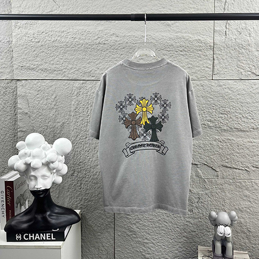 クロムハーツ 新モデルスタイルダメージとウォッシュヴィンテージ風フロッキー厚シリコン半袖Tシャツ