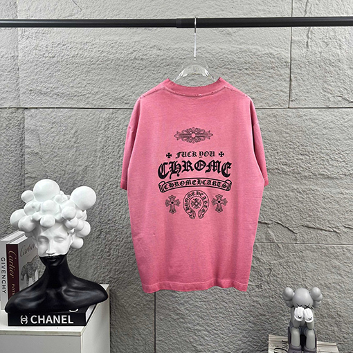クロムハーツ 新モデルスタイルダメージヴィンテージ風フロッキーラインストーン付き半袖Tシャツ