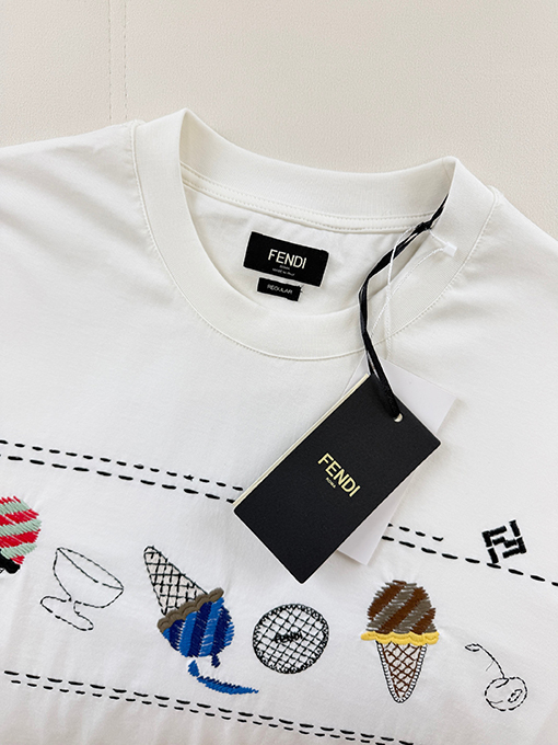 フェンディコピー アイスクリームの刺繍り半袖Tシャツ